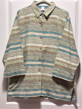 Maggie & Max Blouse Boho Striped Textured Cotton Button Down 3/4 sleeve 1X